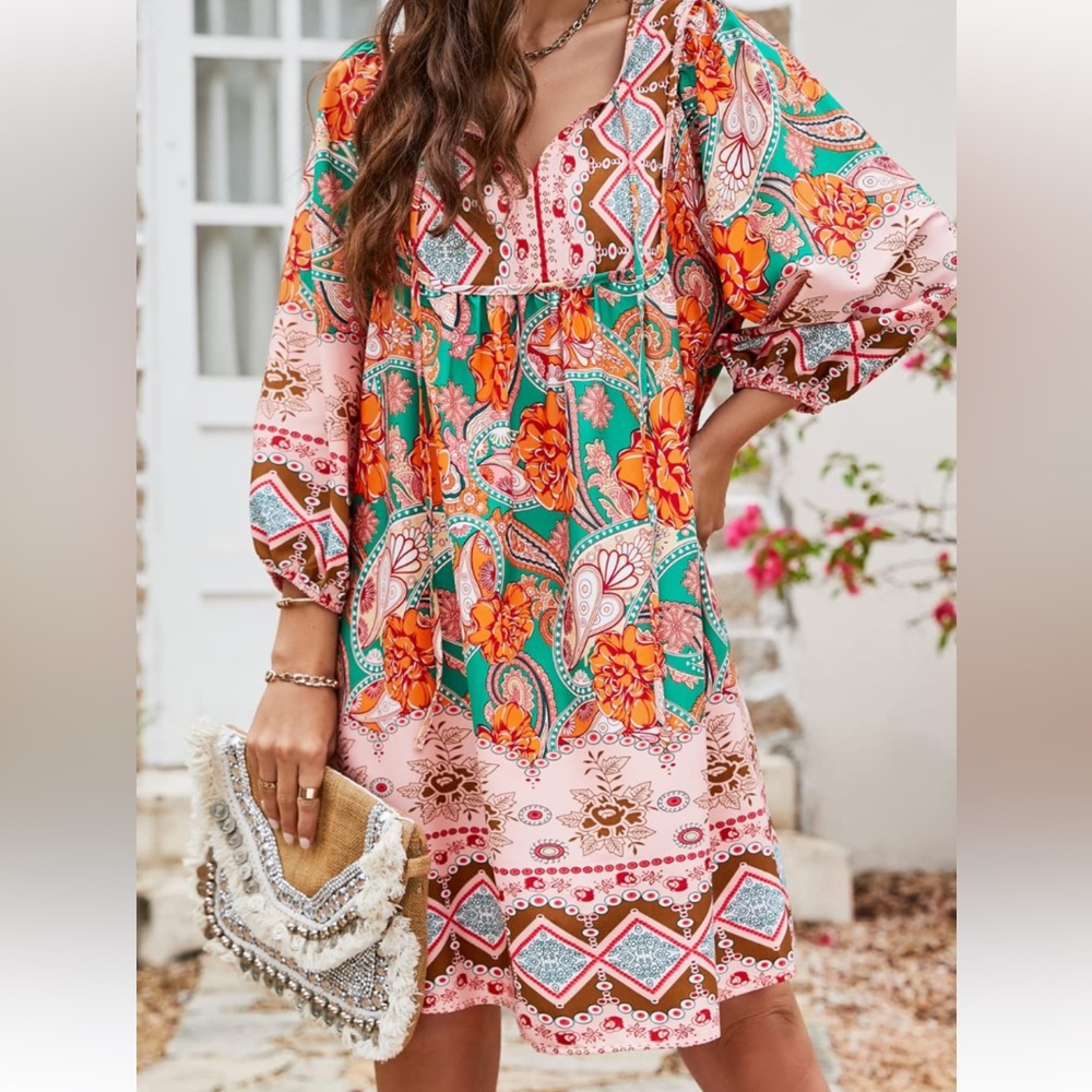 Boho Floral Paisley Mini Dress in Green & Pink